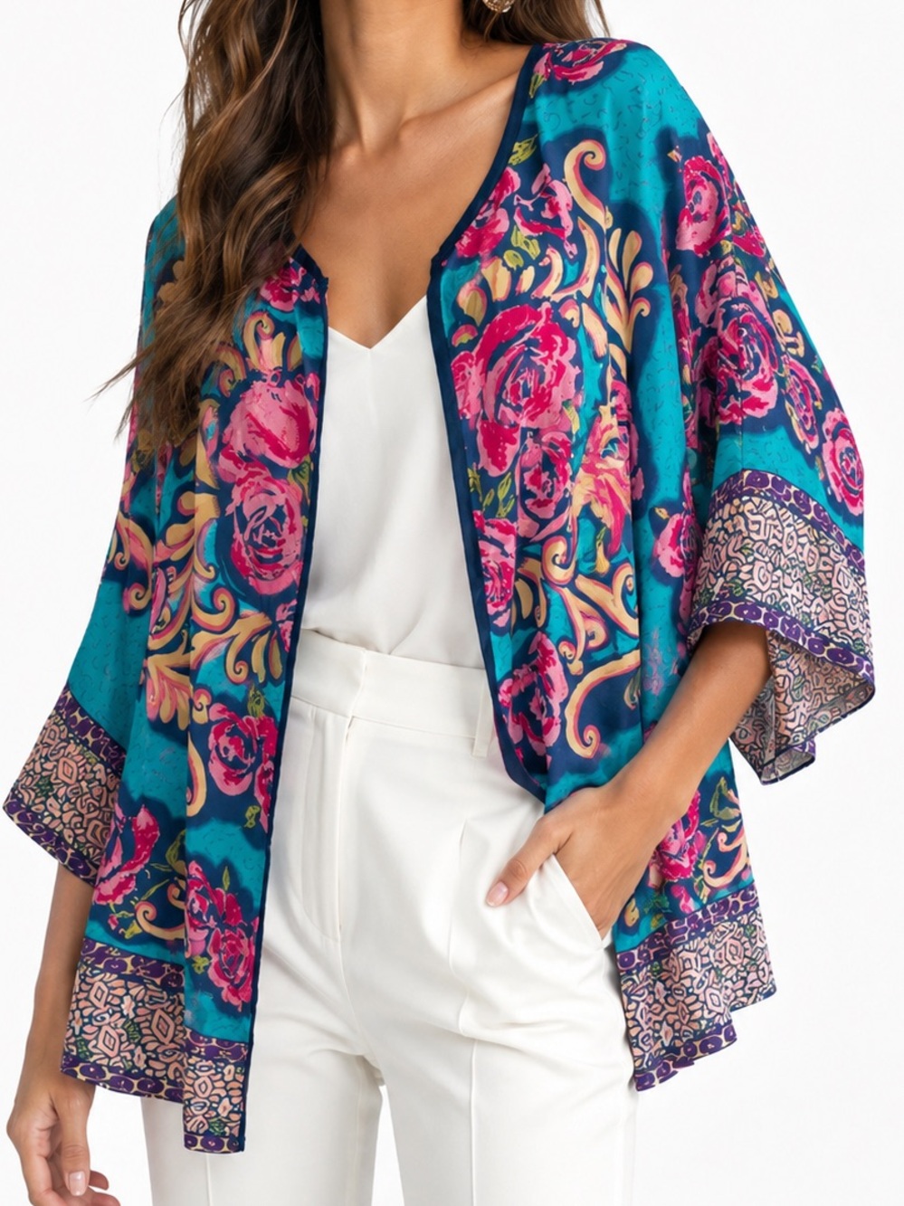 TOLANI Turquoise & Pink Floral Silk Kimono Wrap Open Front Top
